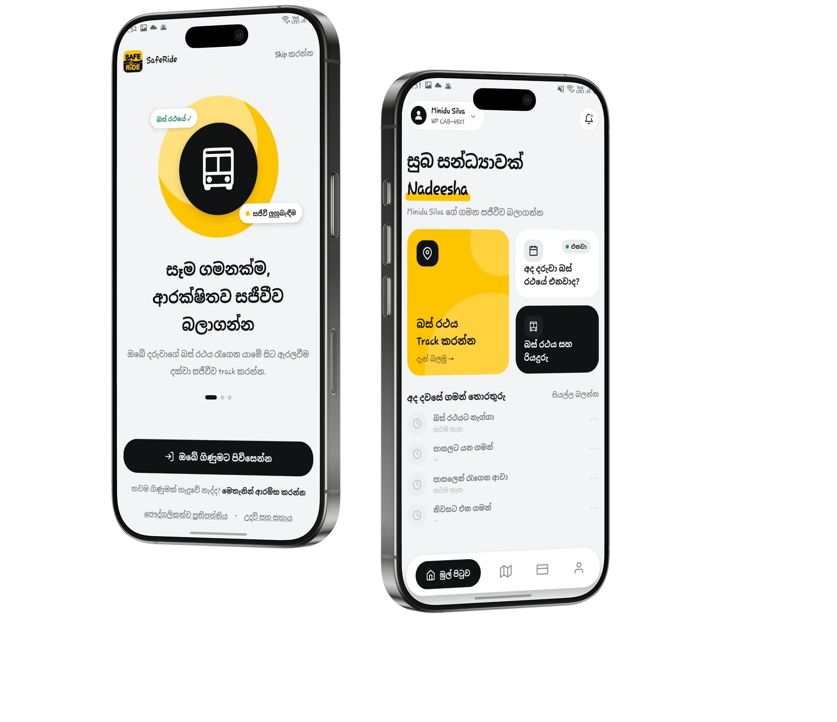 The SafeRide app showing today's routes and a boarding checklist